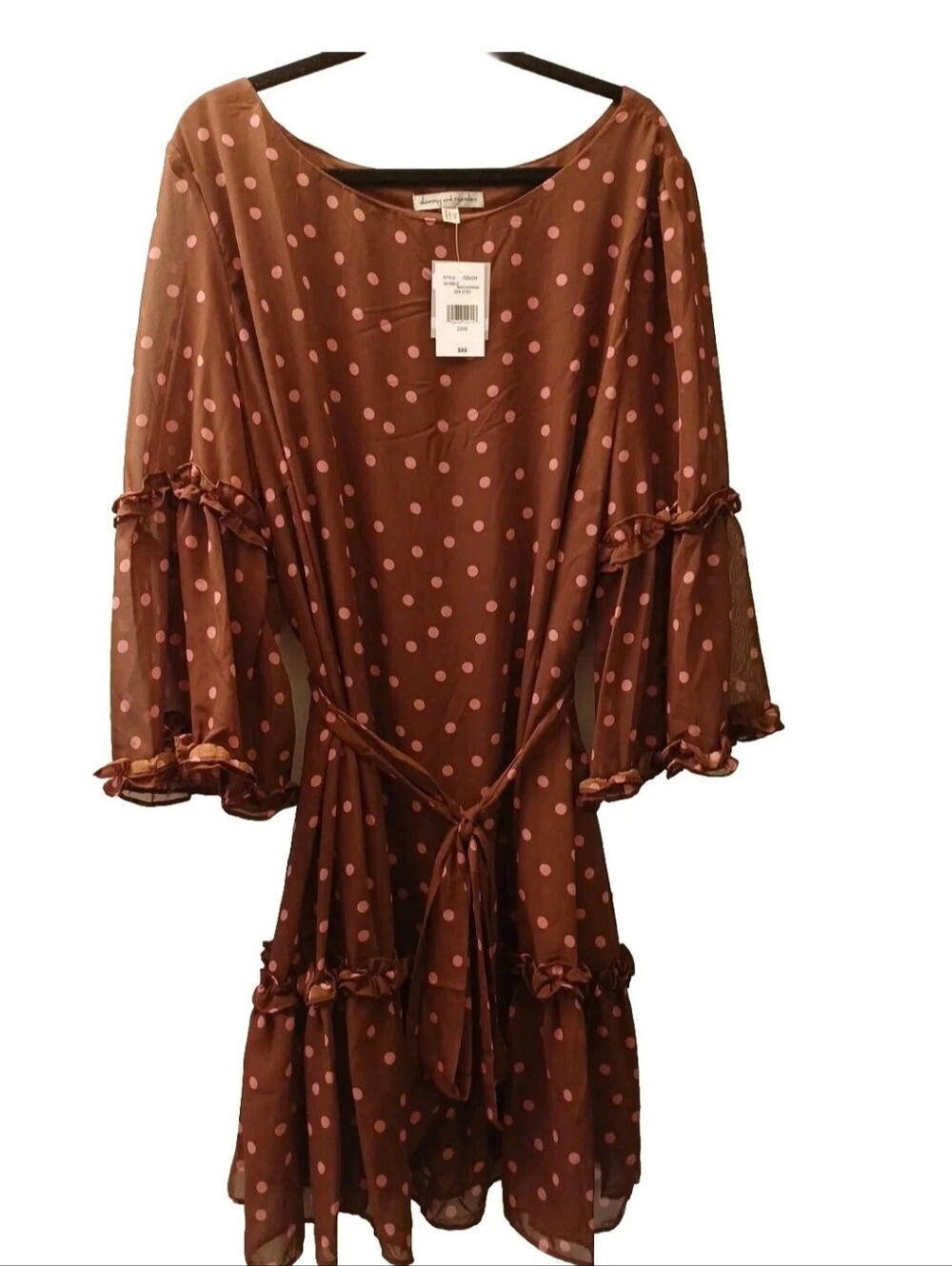 Nwt Danny & Nicole Dress 22W Mocha Brown Rose Pink Polkadots Boho Flutter